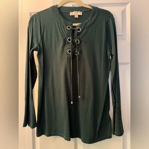 Michael Kors Dark Green Lace-Up Long Sleeve Top